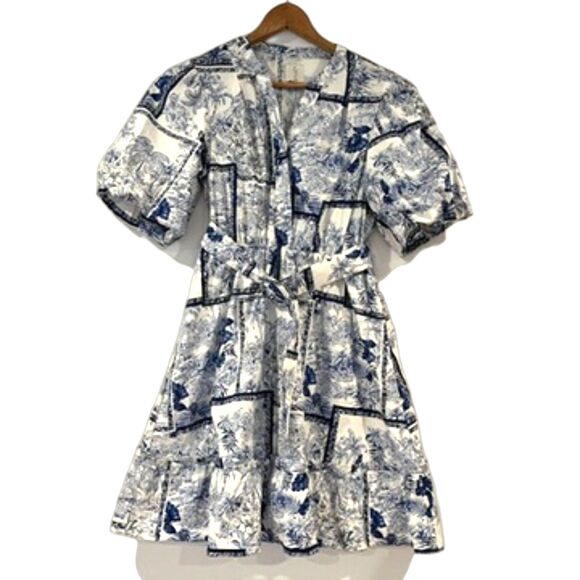 J by Joie Blue White Toile Mini Dress Belted Puff Sleeves Size 2 Cotton Full NEW - Picture 3 of 7